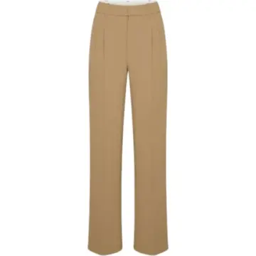 Camel High Rise Wide Leg Pintuck Trousers