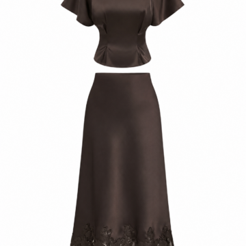 Dark Brown Flutter-Sleeve Top and Midi Skirt Set with Lace Trim
