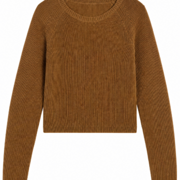 Brown Rib-Knit Cropped Sweater with Raglan Sleeves
