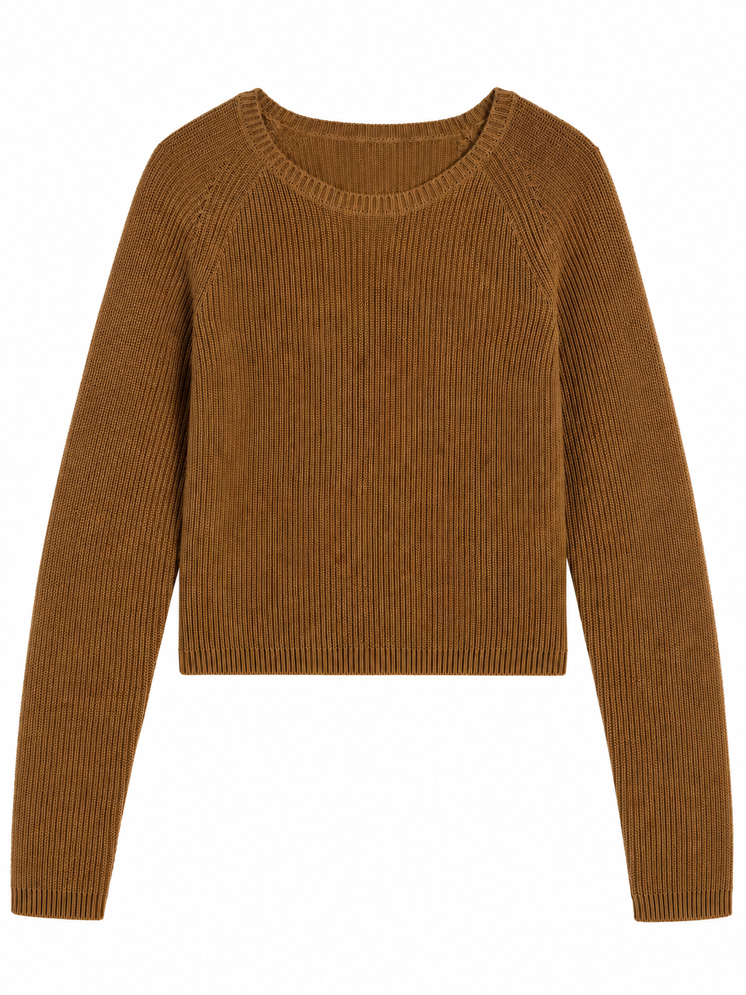 Brown Rib-Knit Cropped Sweater with Raglan Sleeves