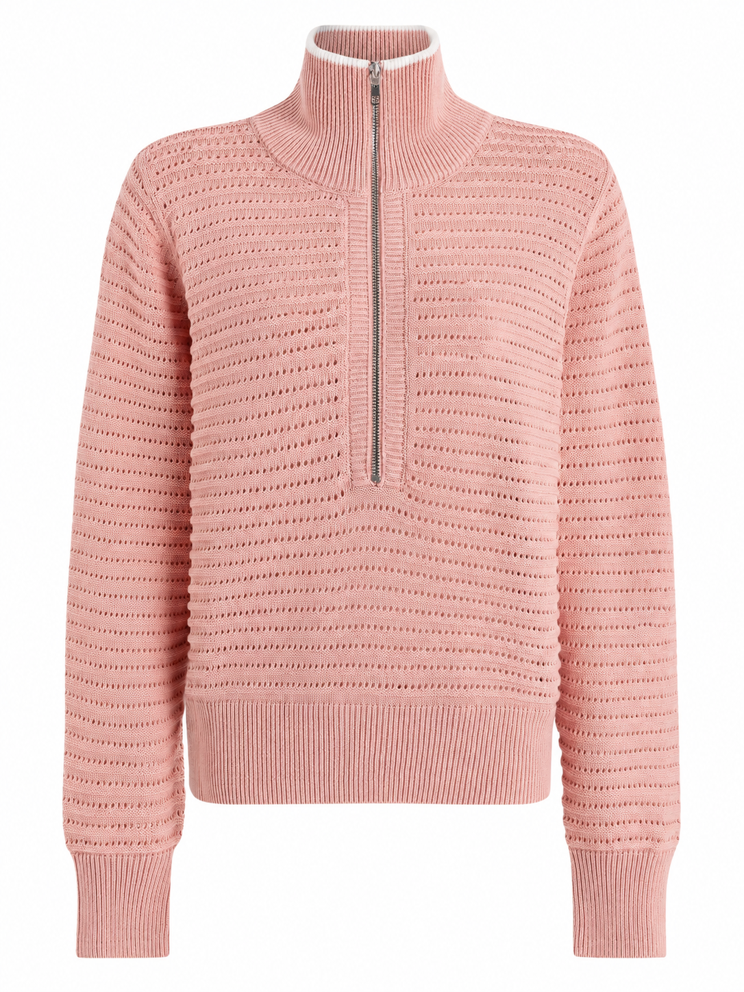 Pink Half-Zip Mock Neck Eyelet Knit Sweater