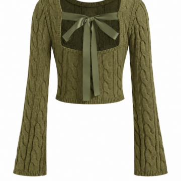 Olive Green Cable Knit Cropped Cardigan with Bow