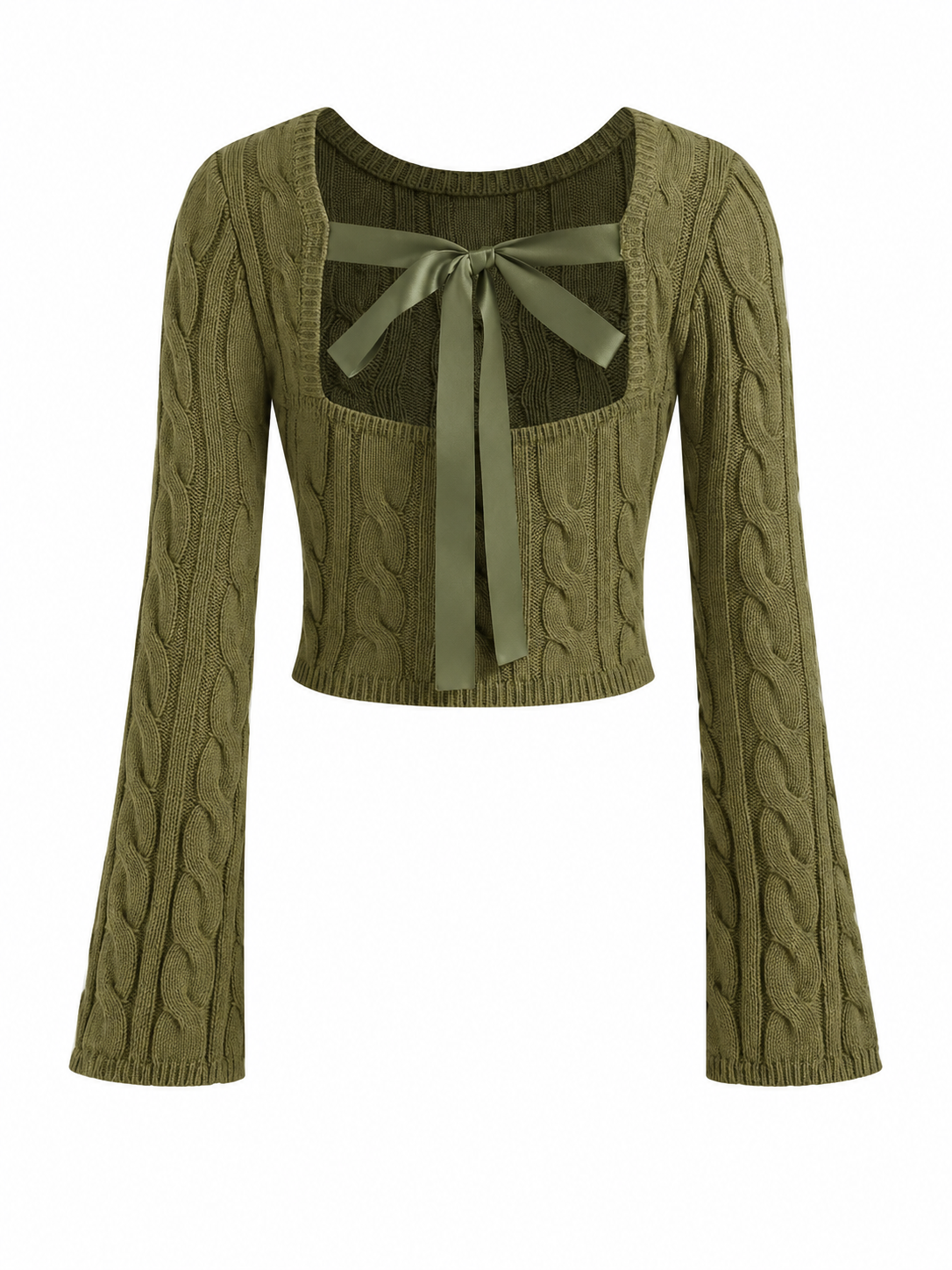 Olive Green Cable Knit Cropped Cardigan with Bow