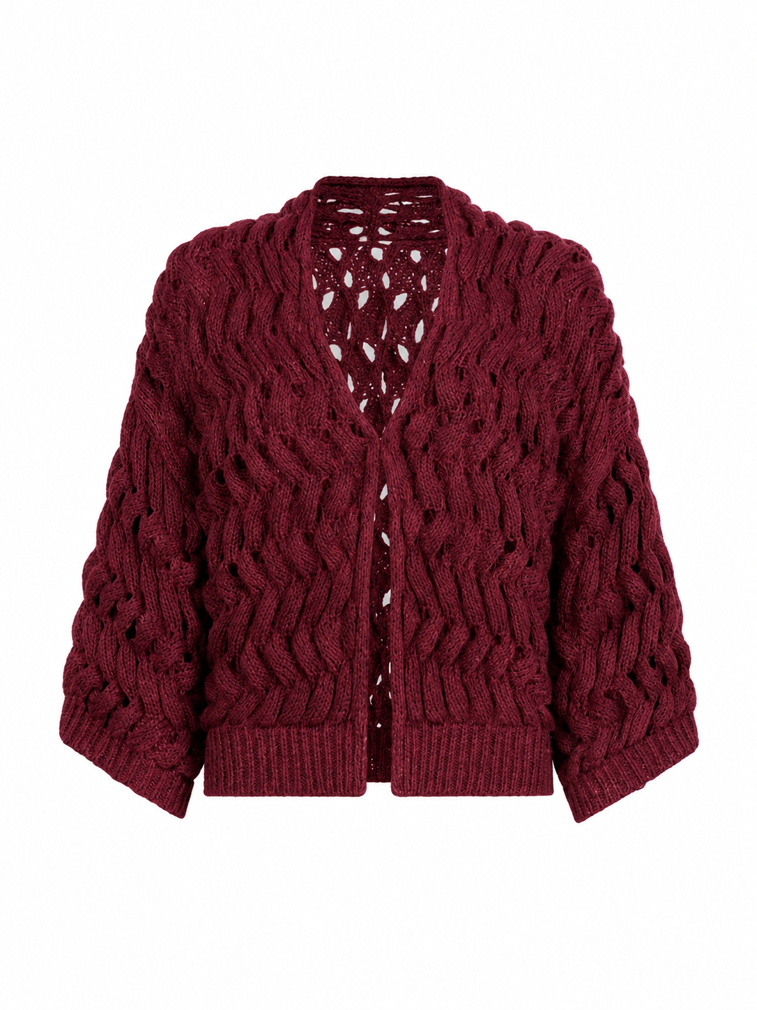 Burgundy Cable Knit Cropped Cardigan