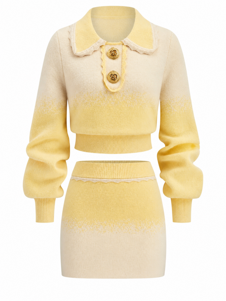 Yellow Ombre Knit Cropped Top and Mini Skirt Set with Gold Buttons
