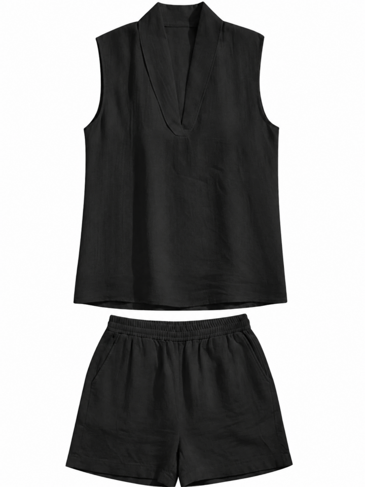 Black Sleeveless V-Neck Top and Shorts Two-Piece Set