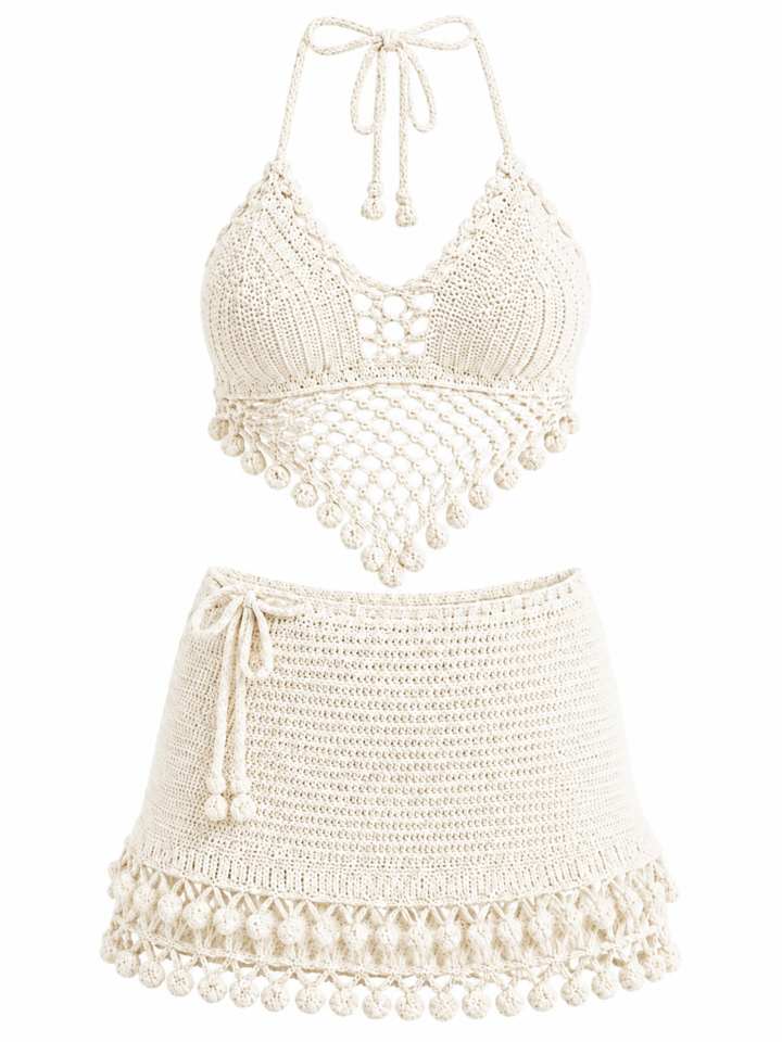 Off-White Crochet Halter Bralette and Mini Skirt Set with Pompom Fringe