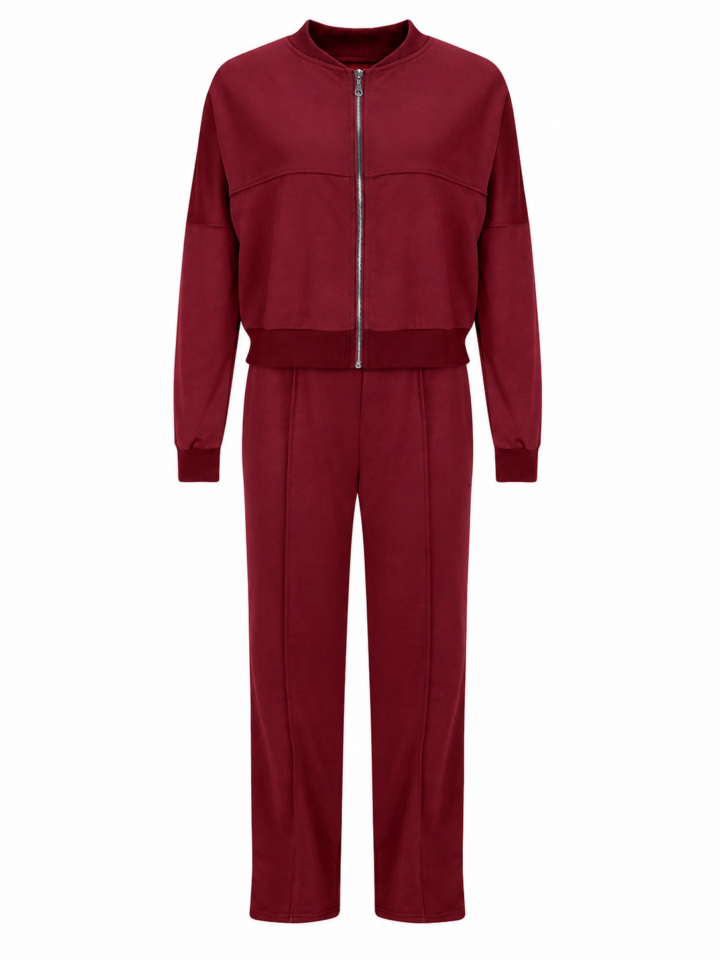 Burgundy Bomber Jacket and Straight-Leg Pants Tracksuit Set
