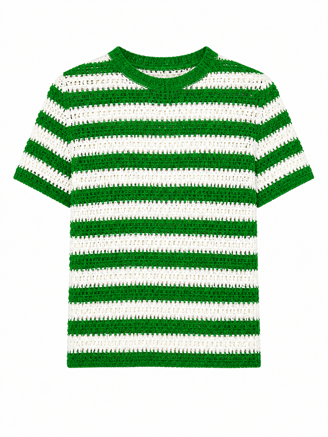 Green and White Striped Crochet Short-Sleeve Top