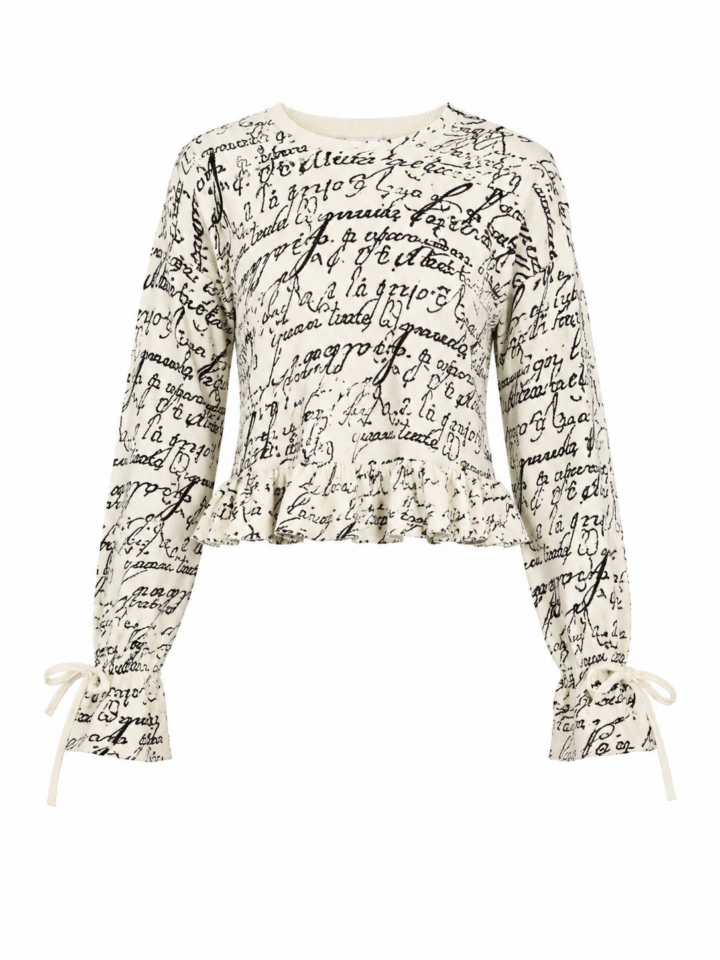 Off-White Script Print Tie-Sleeve Peplum Blouse