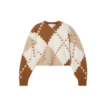 Cream Geometric Diamond V-Neck Cropped Sweater