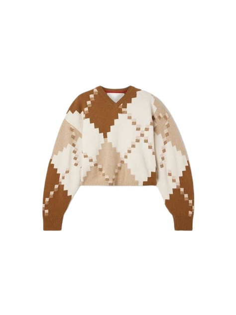 Cream Geometric Diamond V-Neck Cropped Sweater